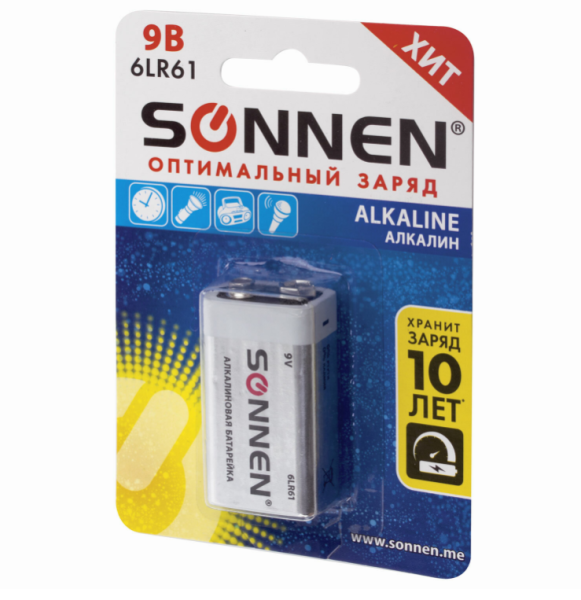 Батарейка SONNEN Alkaline, Крона (6LR61, 6LF22, 1604A), алкалиновая